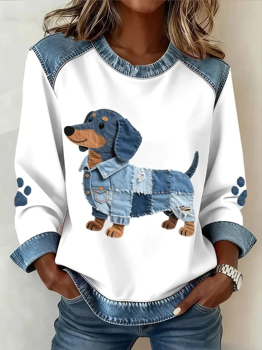 Women's fashionable sweatshirt with check pattern and denim details