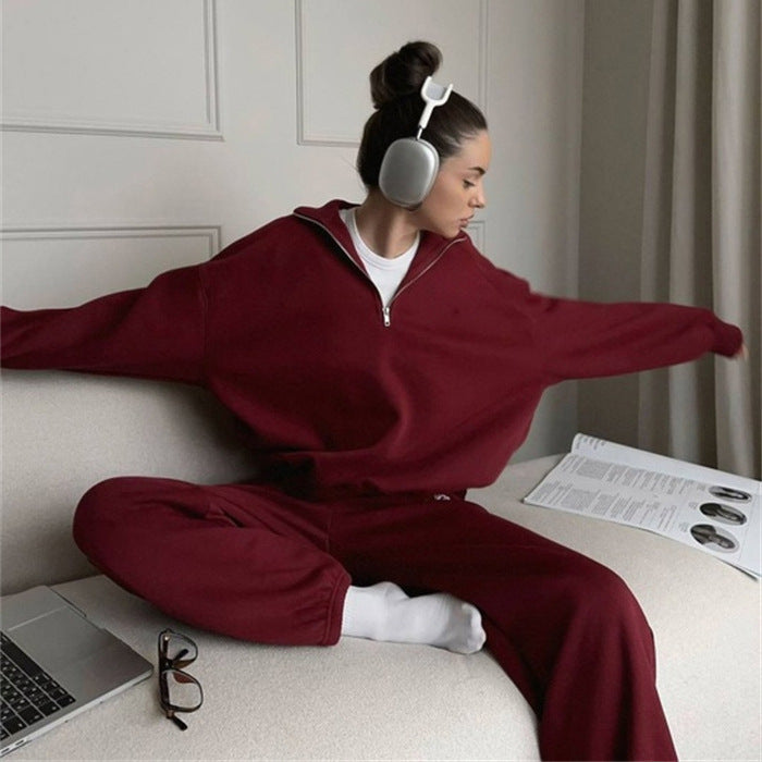Women Two-Piece Sweatset with Stand-Up Collar Half-Zip and Relaxed Oversized Cut Mune Fashion