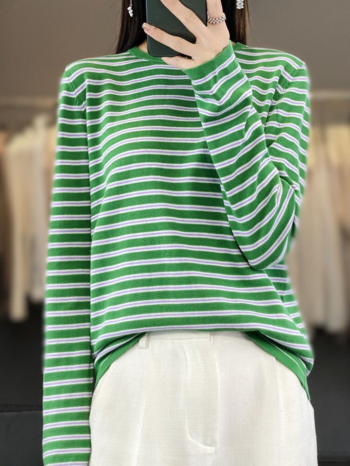 Women Light Cotton Blend Stripe Sweater with Round Neck, Raglan Sleeves and Casual Silhouette Mune Fashion