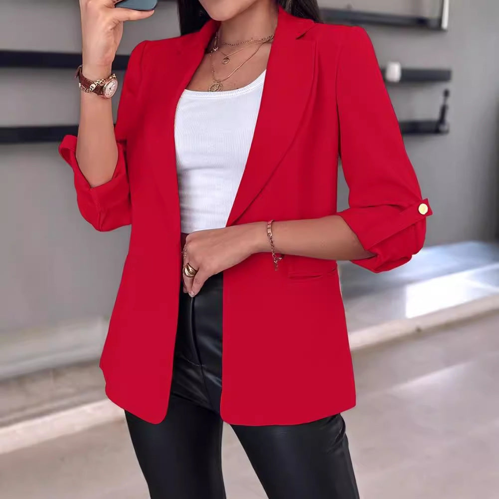 Women's tailored long blazer with rolled-up sleeves, lapel collar, and slim silhouette Mune Fashion