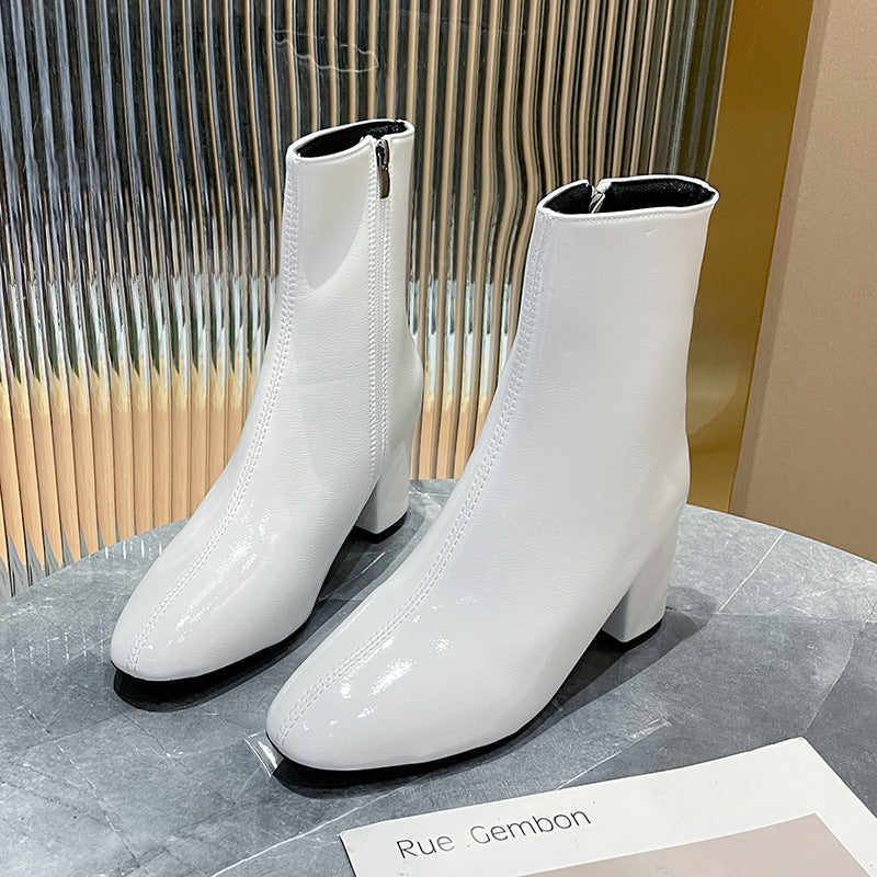 Ladies nan elegant ankle-high ankle boots in smooth leather look with mid-high block heel and subtle front seam Mune Fashion