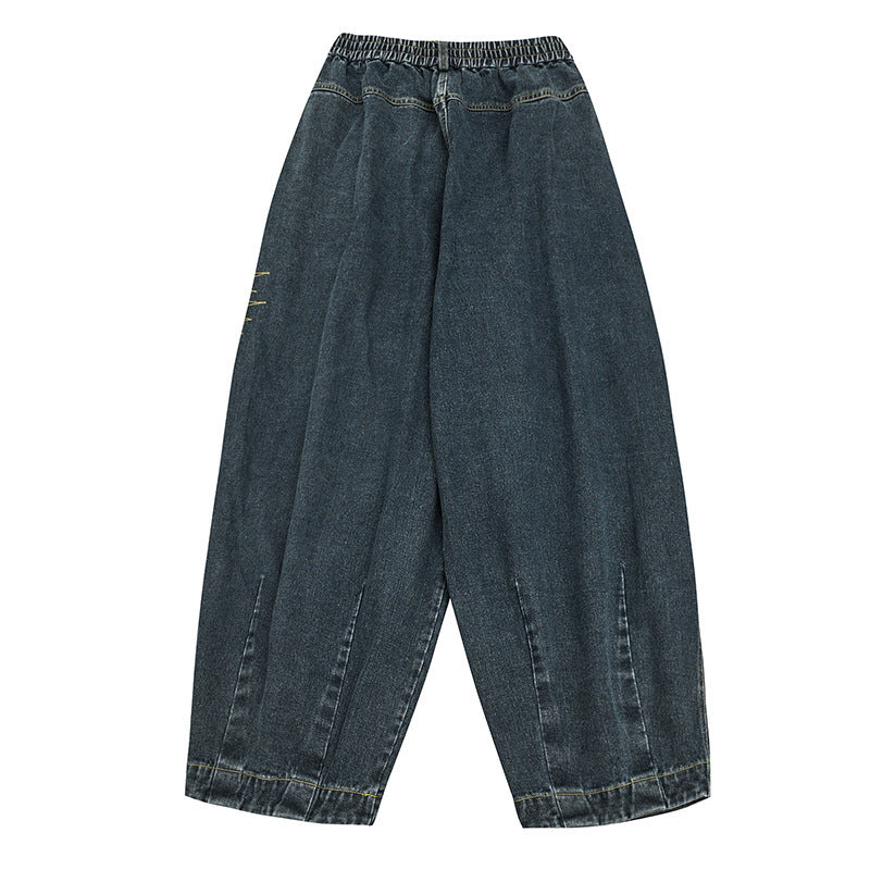 Ladies Wide Denim Pants with Pleats, Elastic Waistband and Casual Silhouette Mune Fashion