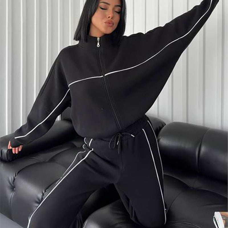 Women's nan Oversized Tracksuit Set with Zipper High Collar and Contrast Piping Mune Fashion