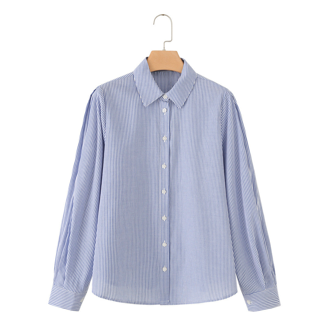 Women Loose Fit Striped Blouse with Kent Collar Continuous Button Placket and Cuffs Mune Fashion
