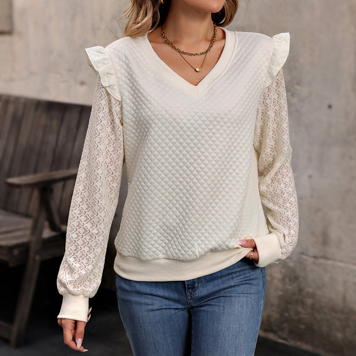 Women's quilted pullover with V-neck and lace sleeves Mune Fashion