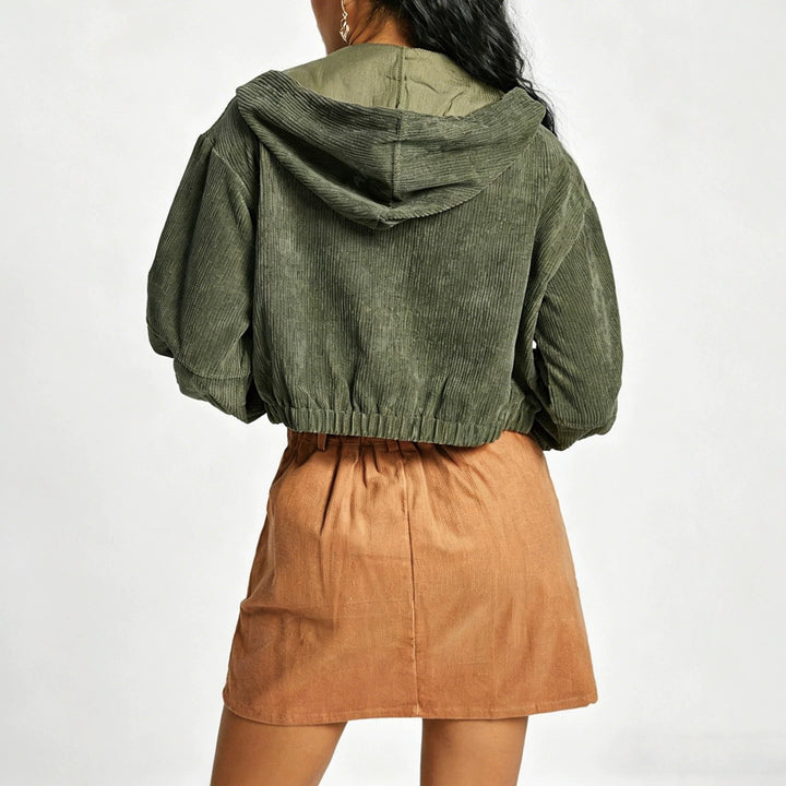 Women's short cord jacket with hood, zipper and applied breast pockets Drune