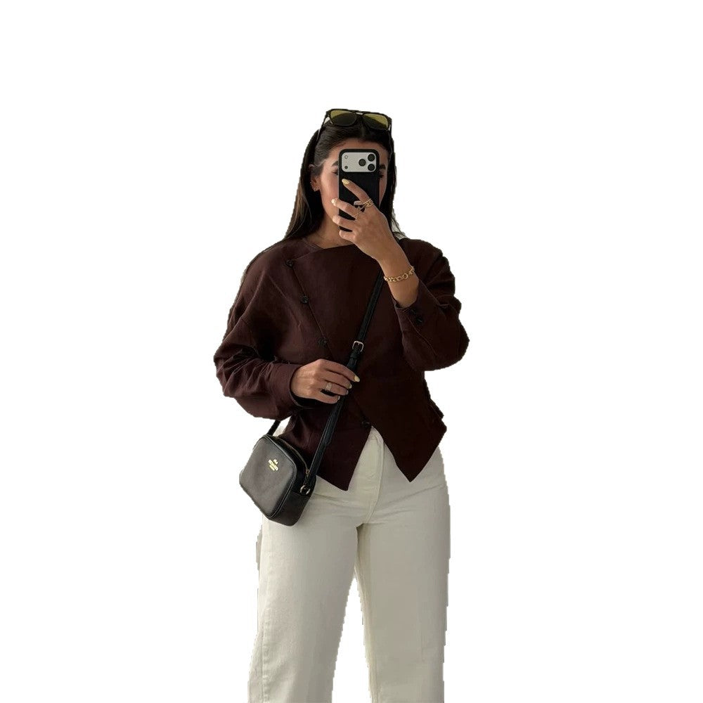 Women’s asymmetric tailored blouse with diagonal button placket Mune Fashion