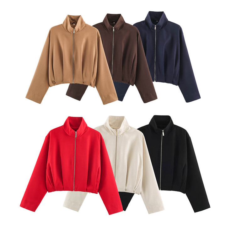 Women Boxy-Cropped Blouson Jacket with high stand-up collar and fitted elastic waistband Drune