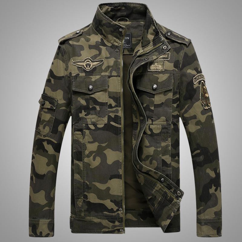 Men's camouflage field jacket made of durable canvas with epaulettes, multiple pockets and stand-up collar Mune Fashion