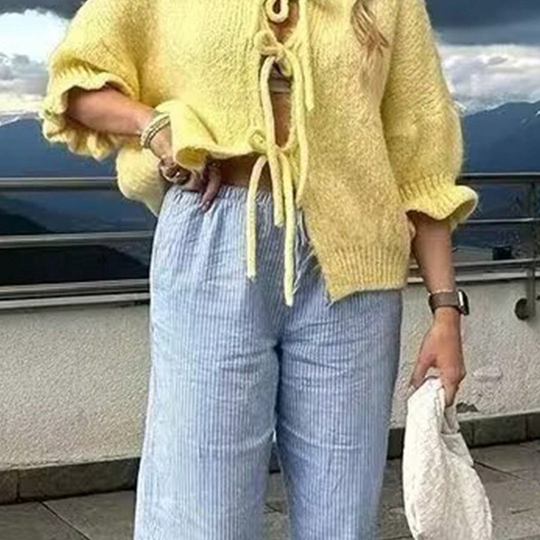 Women's Cozy Short Knit Cardigan with Tie Details, Ruffle Sleeves, and Loose Oversized Cut Mune Fashion
