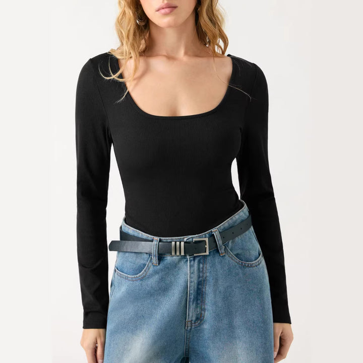 Women's fitted rib fine-knit long sleeve with wide boat neckline Drune