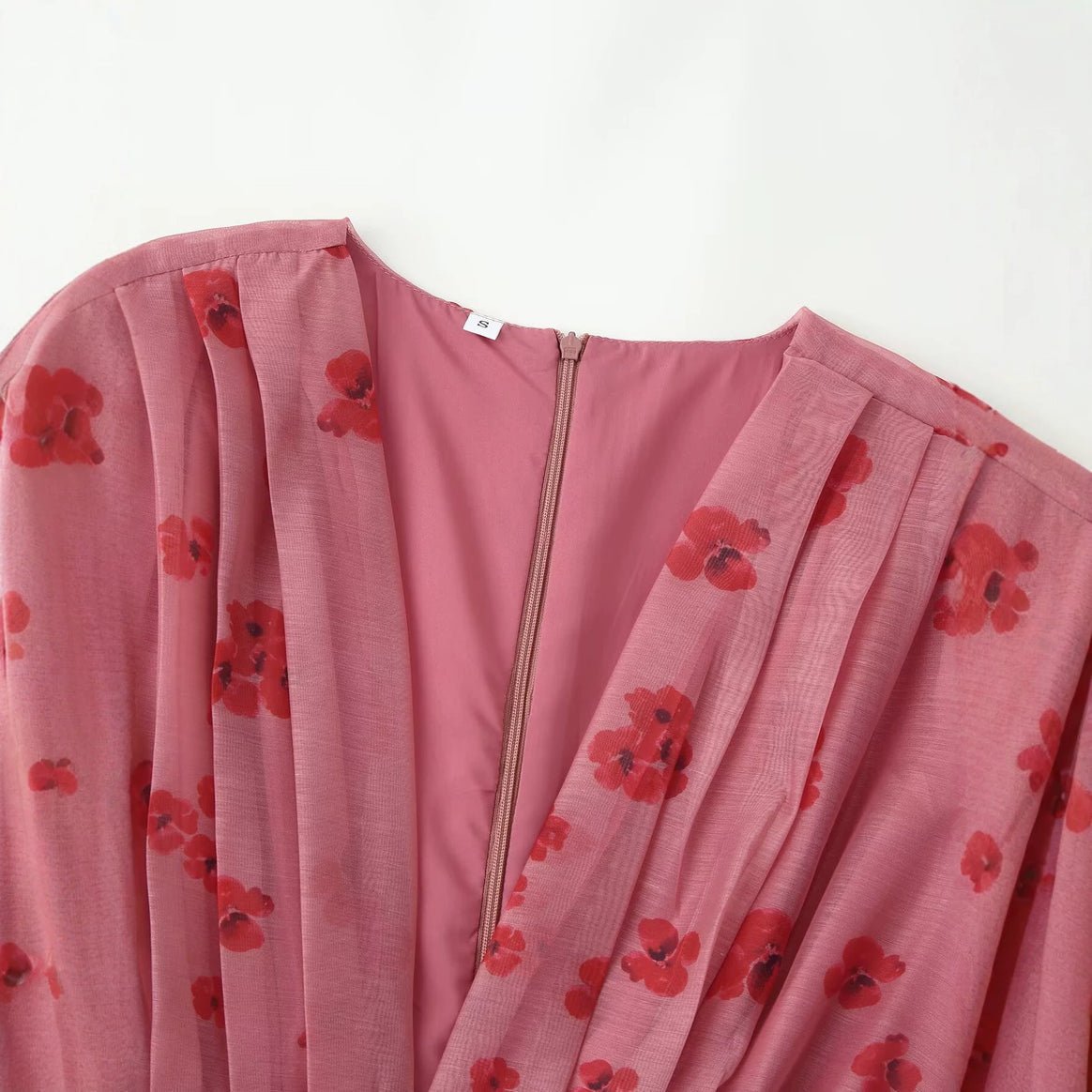 Women's Chiffon Mini Dress with Pleated Neckline, Transparent Ruffle Sleeves, and Flared Hem Mune Fashion