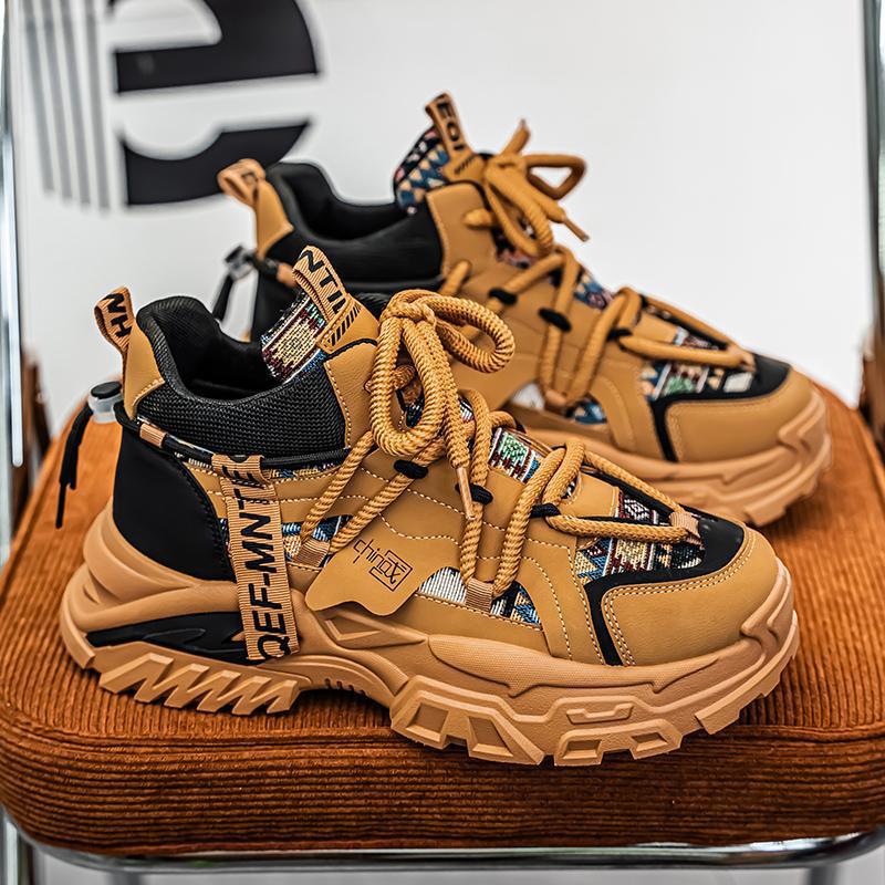 Women's chunky platform sneakers with ethnic textile overlays and sturdy tread sole Mune Fashion