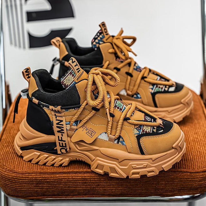 Women's chunky platform sneakers with ethnic textile overlays and sturdy tread sole Mune Fashion