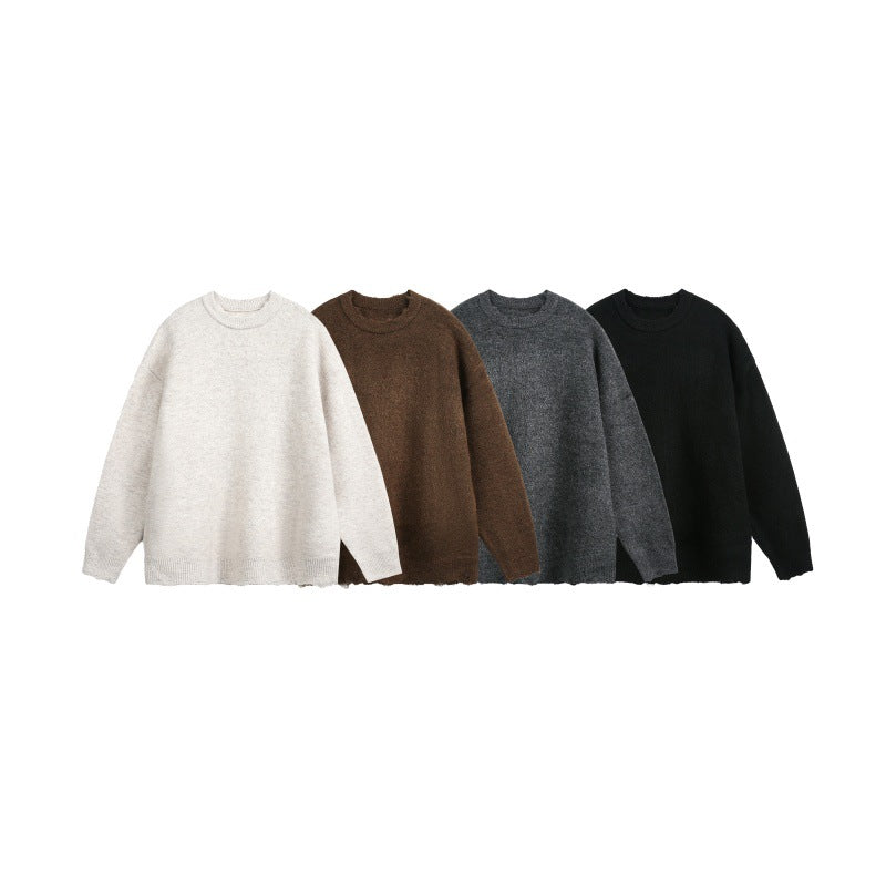 Unisex Oversized Chunky Knit Sweater with Round Neckline and Frayed Hem Mune Fashion