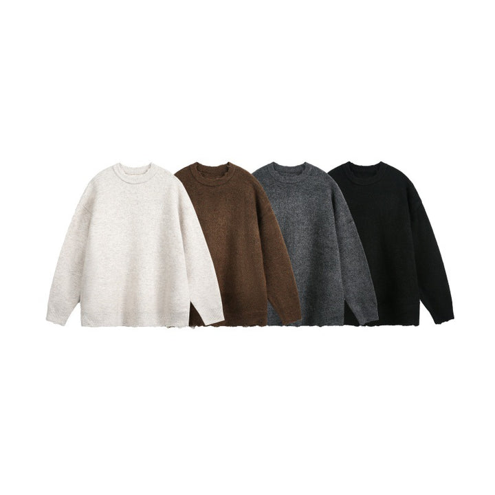 Unisex Oversized Chunky Knit Sweater with Round Neckline and Frayed Hem Mune Fashion