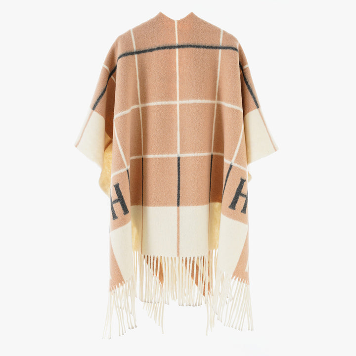 Women's Oversized Throw from Wool Blend with Monogram Check Pattern and Fringe Hem Mune Fashion