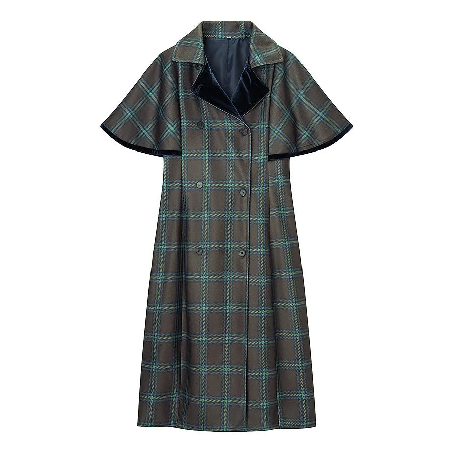 Women long checked cape coat with double layer cape shoulder and velvet collar Mune Fashion