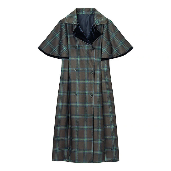 Women long checked cape coat with double layer cape shoulder and velvet collar Mune Fashion