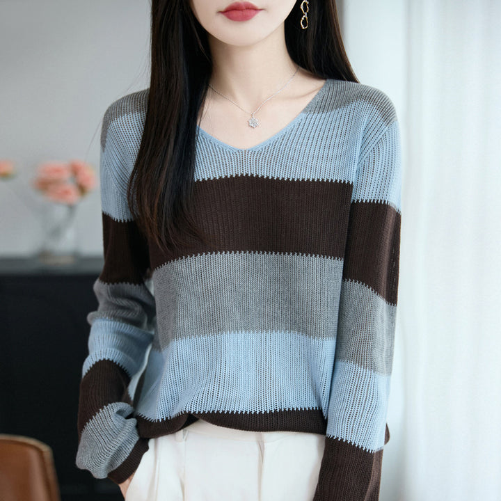 Women Light V-Neck Fine Knit Sweater with Wide Block Stripes and Relaxed Fit Mune Fashion