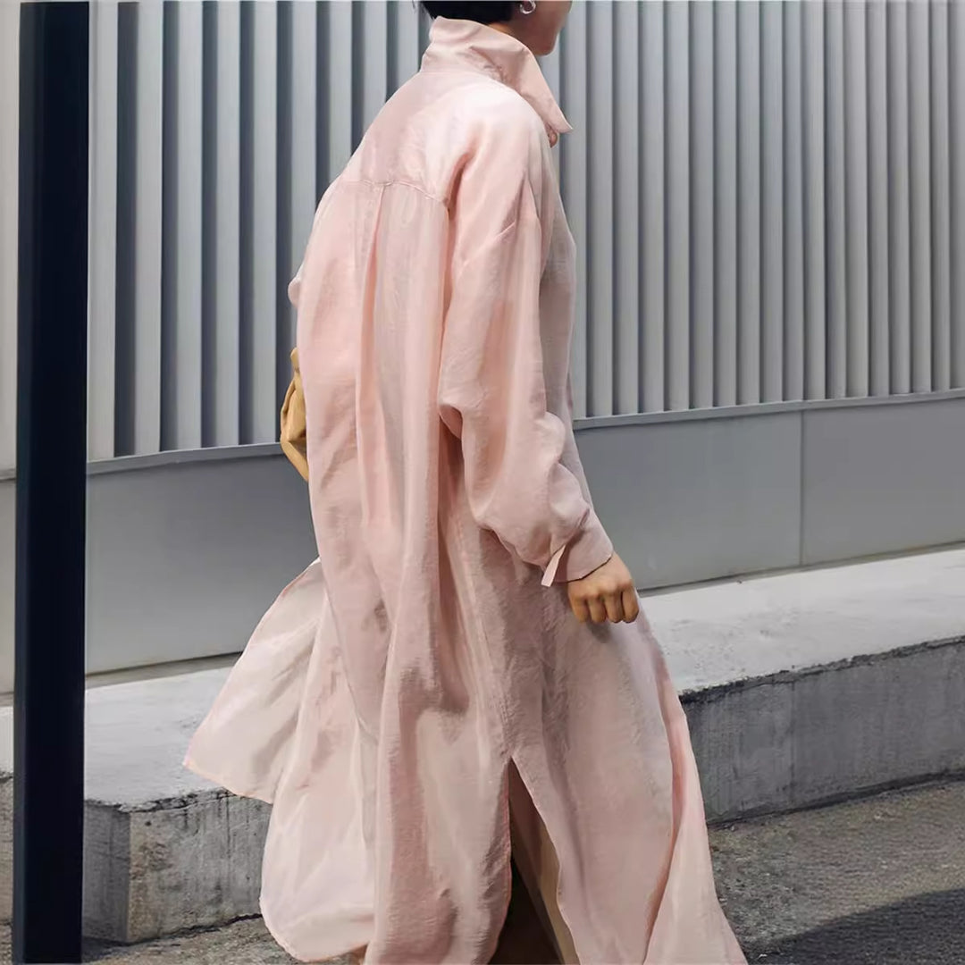 Ladies Long Satin Effect Duster with Stand Collar, Oversized Cut and Deep Side Slits Mune Fashion