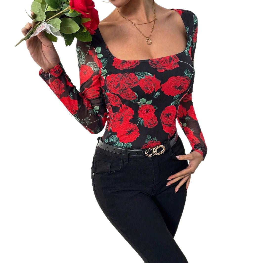 Women close-fitting stretch shirt with square neckline, fine mesh structure and large rose print Mune Fashion