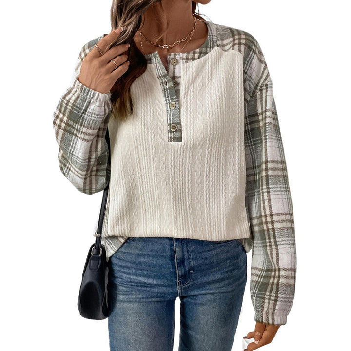 Women's Long-Sleeve Knit Blend Shirt with Checkered Sleeves, Henley Button Placket & Structure Mix Mune Fashion