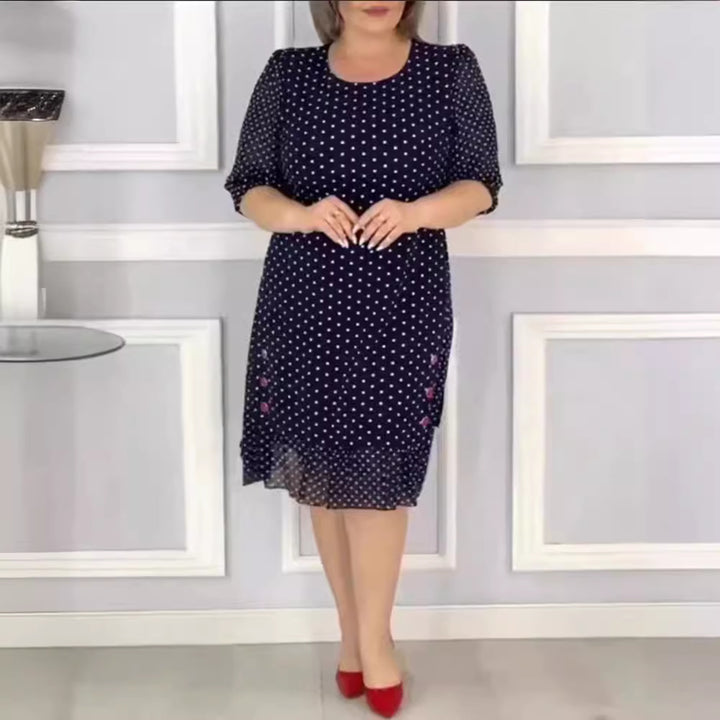 Women's Chiffon Midi Dress with Polka Dot Pattern, Half-Length Puff Sleeves, Side Floral Embroidery, and Gathered Ruffled Hem Mune Fashion