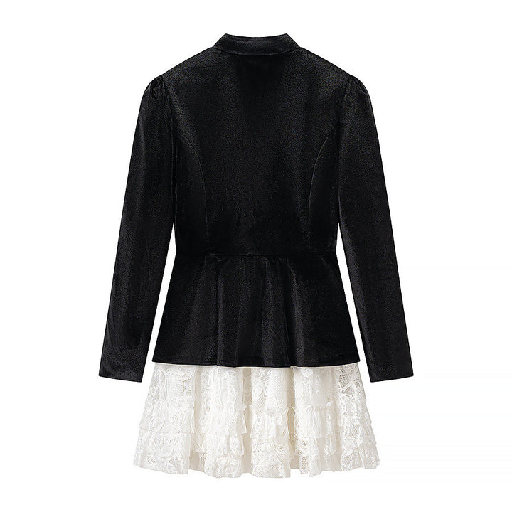 Women's Velvet Mini Dress with Bow Collar, Decorative Button Placket and Layered Lace Skirt Mune Fashion
