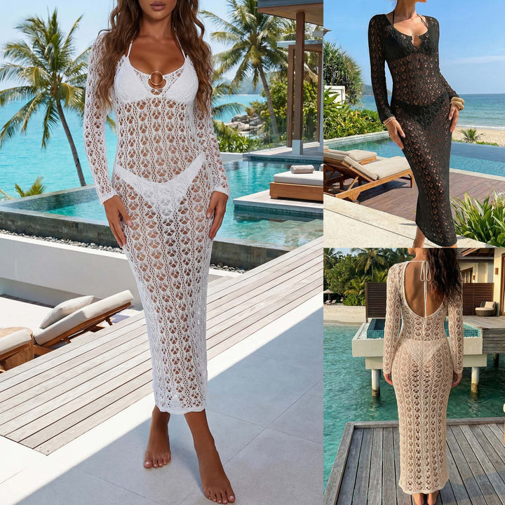 Women's crocheted beach cover-up with deep V-neck and elegant sleeves Mune Fashion