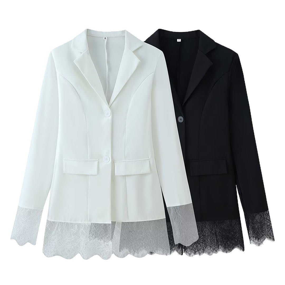 Women Tailored Single-Breasted Blazer with Lace Hem and Lace Cuffs Mune Fashion