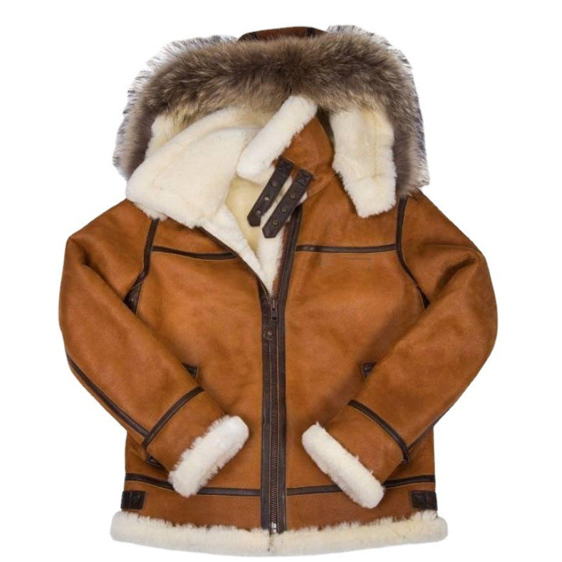 Women's Suede Look Bomber Jacket with Faux Fur Hood and Buckles Mune Fashion
