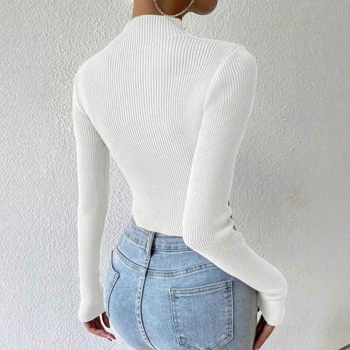Women's Ribbed Cropped Fine Knit Sweater with Stand-Up Collar Mune Fashion