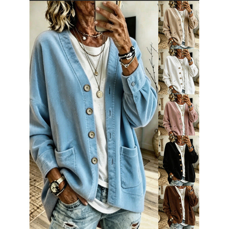 Women's Oversized Cord Cardigan with Patch Pockets and Wooden Buttons Mune Fashion