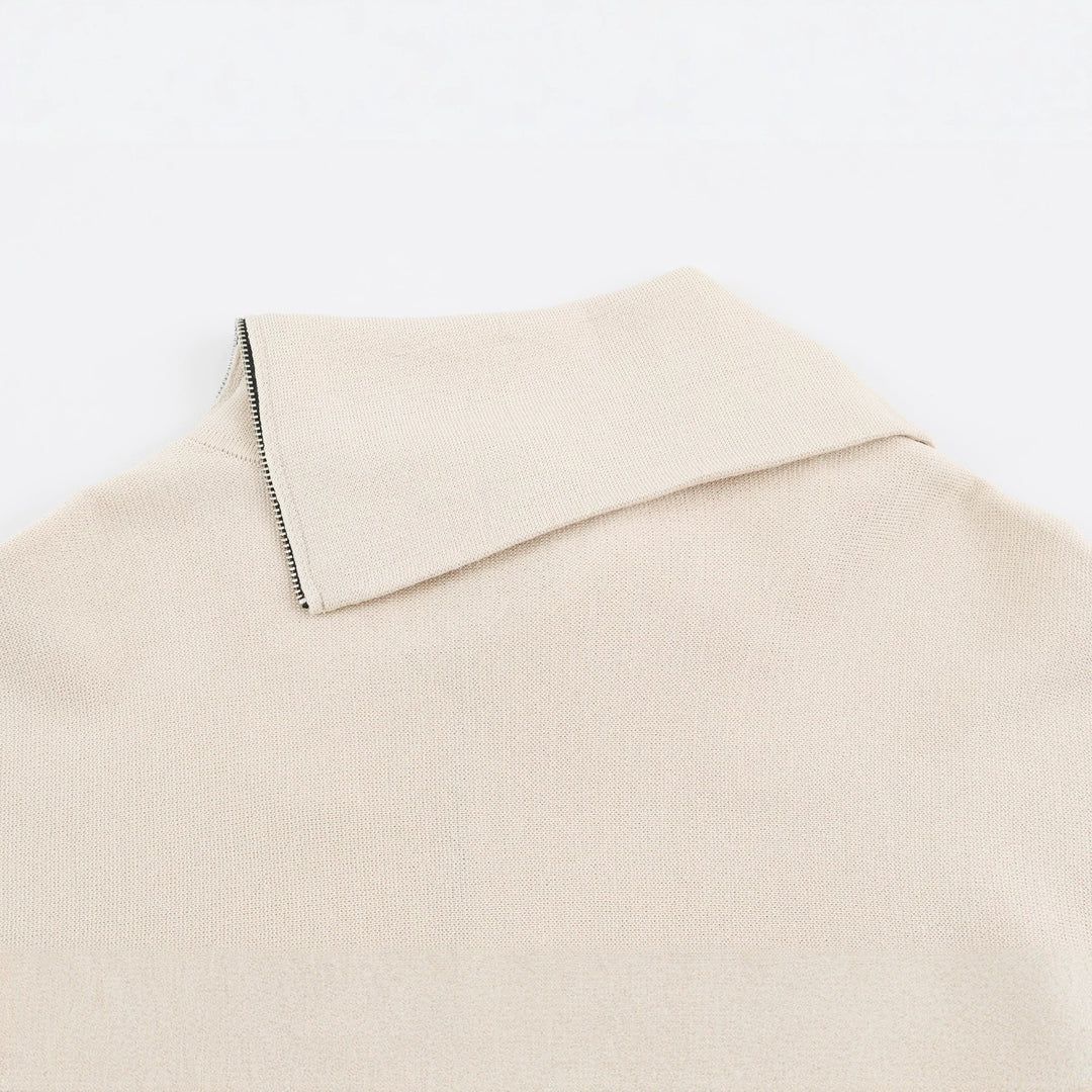 Women's Asymmetrical Fine Knit Sweater with Shawl Collar, Shoulder Zipper and Zipper Sleeves Mune Fashion