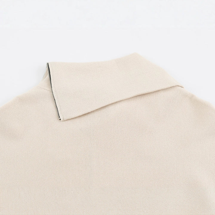 Women's Asymmetrical Fine Knit Sweater with Shawl Collar, Shoulder Zipper and Zipper Sleeves Mune Fashion