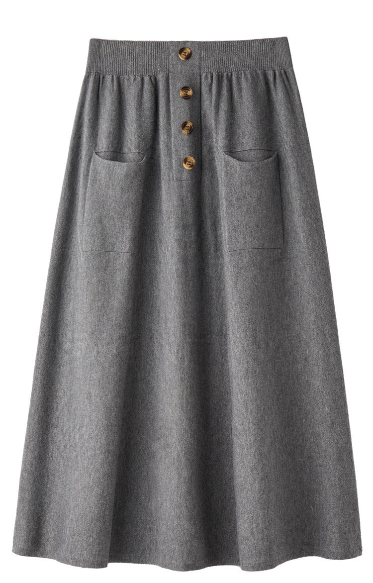 Women's midi skirt made of wool blend with A-line, elastic ribbed waistband, decorative button placket, and patch pockets Mune Fashion