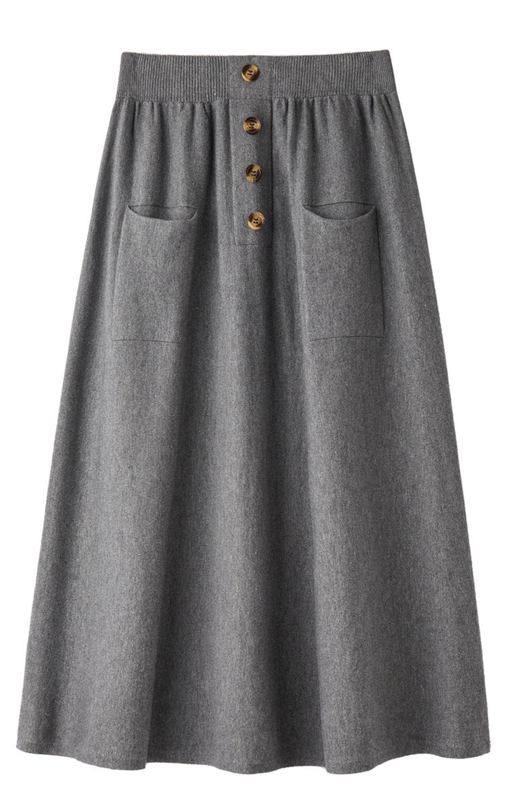Women's midi skirt made of wool blend with A-line, elastic ribbed waistband, decorative button placket, and patch pockets Mune Fashion