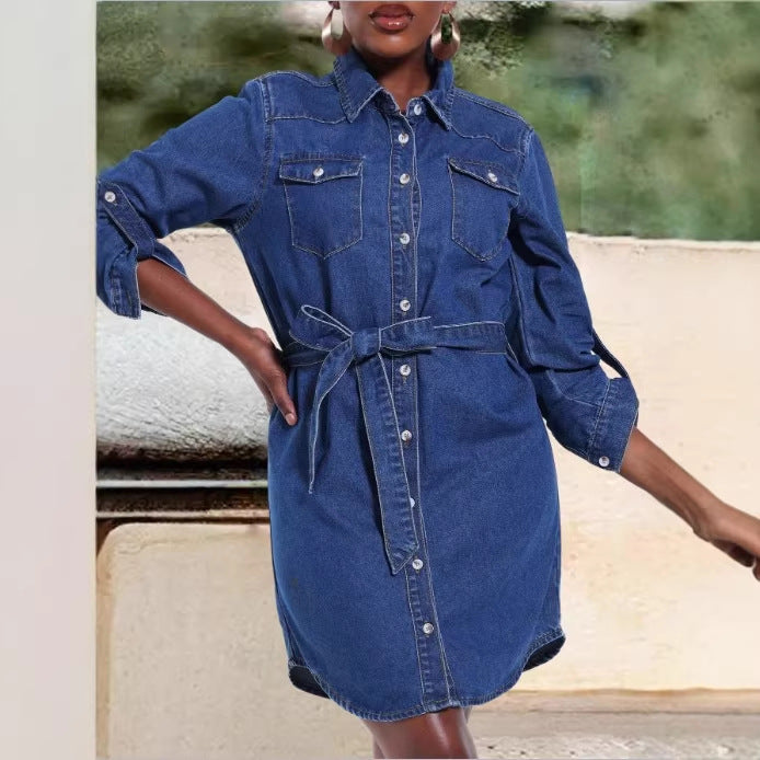 Women's denim shirt dress with waist belt and patch breast pockets Mune Fashion