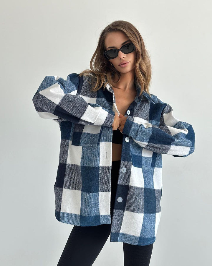 Women's Checked Overshirt in Shacket Style with Hem Pockets and Button Closure Mune Fashion