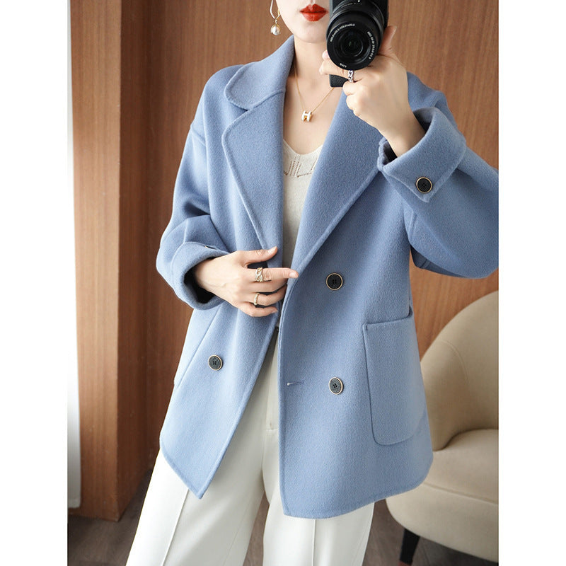 Women's Short Double-Breasted Wool Blend Coat with Notched Collar and Boxy Oversized Silhouette Mune Fashion