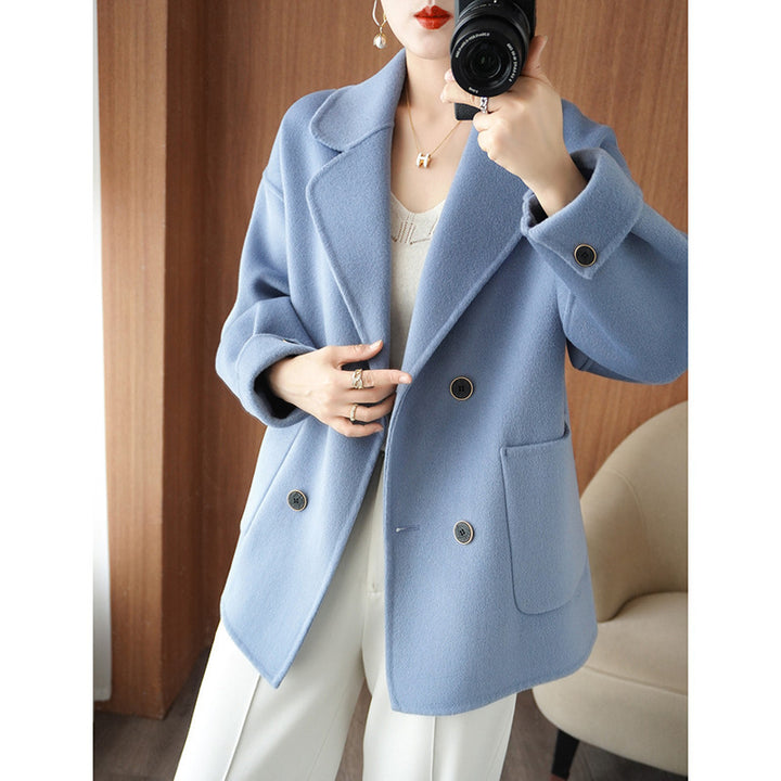 Women's Short Double-Breasted Wool Blend Coat with Notched Collar and Boxy Oversized Silhouette Mune Fashion