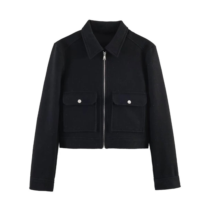 Women's short boxy wool jacket with full zip and patch pockets Mune Fashion