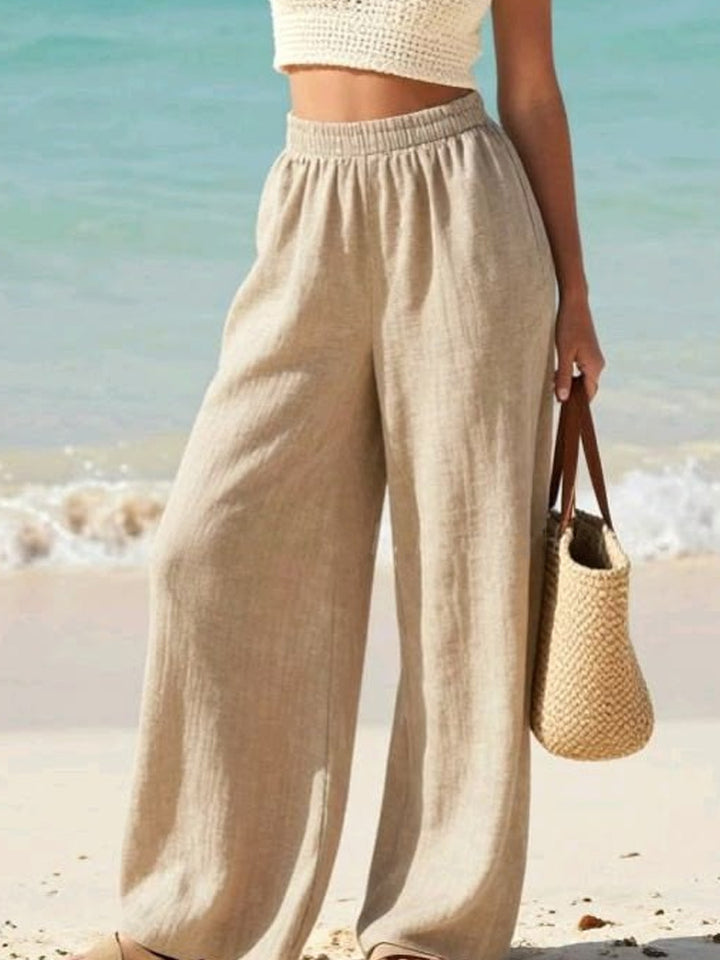 Ladies Lightweight Linen Pants with Wide Leg and Elastic Waistband Mune Fashion