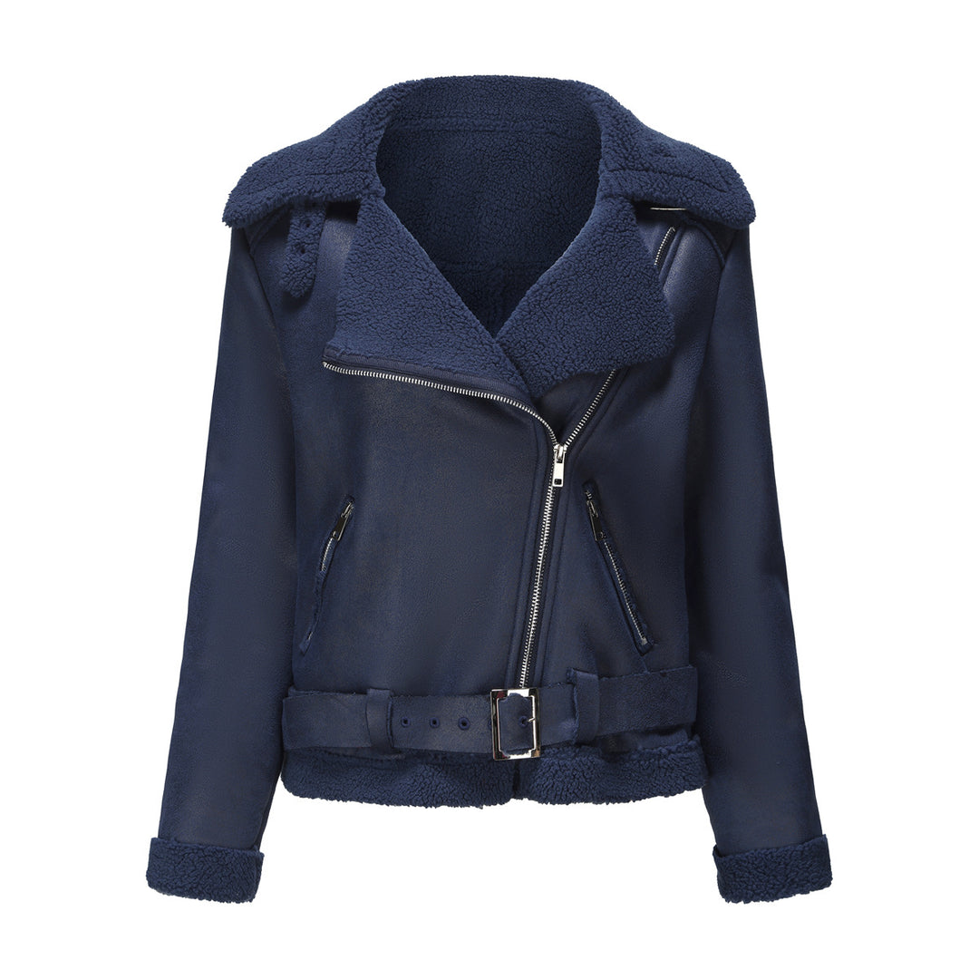 Women’s tailored lambskin imitation pilot jacket with belt and teddy lining Mune Fashion