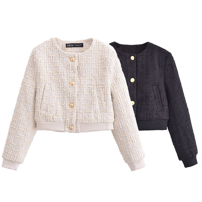 Women's tailored boucle blazer with round neckline and gold-colored press studs Mune Fashion