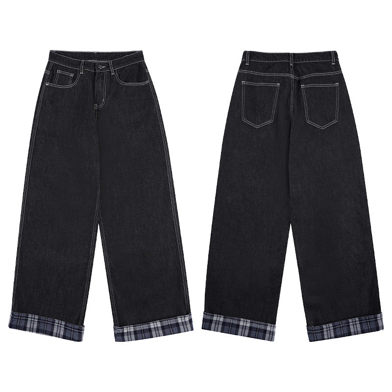 Men's Extra Wide Denim Palazzo Jeans with Cuffed Plaid Cuff and Visible Seam Mune Fashion