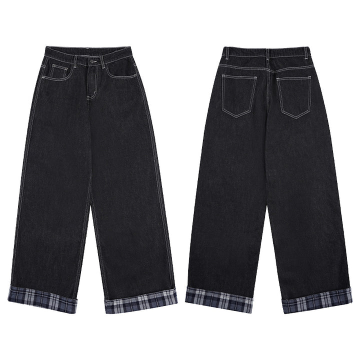 Men's Extra Wide Denim Palazzo Jeans with Cuffed Plaid Cuff and Visible Seam Mune Fashion