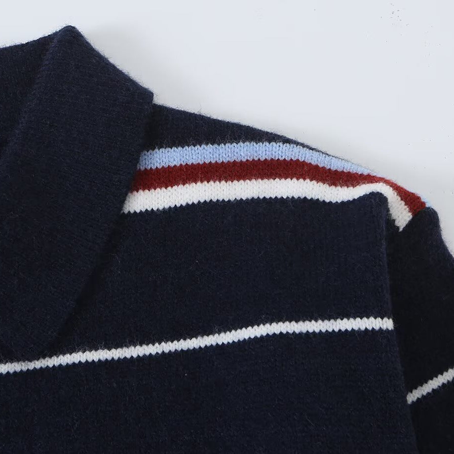 Women's Striped Knit Polo Sweater with Short Button Placket and Ribbed Cuffs Mune Fashion