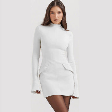 Women's fitted mini dress with stand-up collar, bell sleeves, and peplum detail Mune Fashion